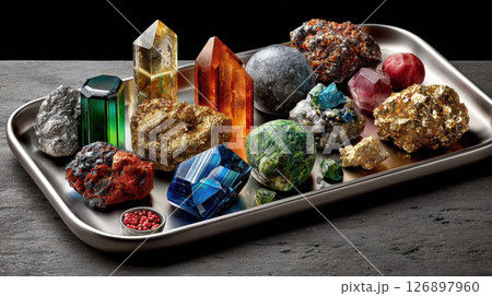 Diverse collection of rare earth elements and minerals on metallic tray for educational and scientific display 126897960