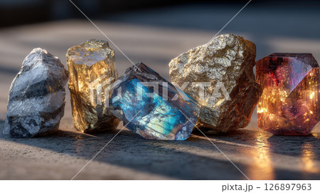Colorful assortment of rare earth minerals in natural sunlight for geological study and collection display 126897963