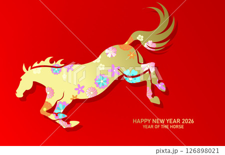 Golden zodiac horse sign with spring flowers pattern 126898021