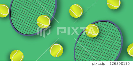 Tennis rackets and balls on green background. Real tennis game, class or match design for banner, advertisement, poster, website, brochure. Tennis rackets and balls on green background. Real tennis game, class or match design for banner, advertisement, poster, website, brochure. 126898150