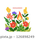 Bright vector illustration of summer flowers and symbolic fire with the word MIDSUMMER, celebrating solstice or seasonal festival themes.  126898249