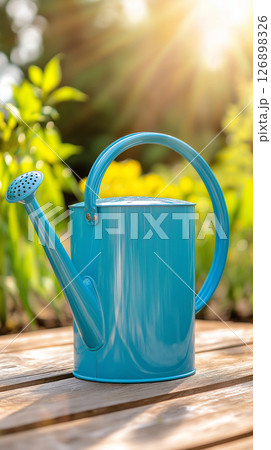 Blue watering can in sunlit garden with green foliage and wooden deck 126898326