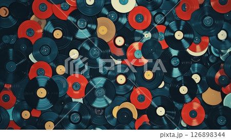 Vintage vinyl records collection with colorful discs and retro patterns 126898344