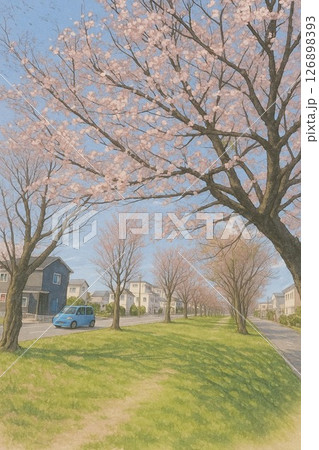 住宅街の晴れた日の桜並木 126898393