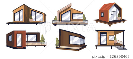 Set of modular building or mobile house. Vector smart construction and prefabricated home property. Accommodation modularity or eco living apartment. Architecture exterior. Housing efficiency. 126898465