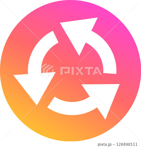 Three white arrows rotating clockwise forming a continuous cycle on a circular gradient background from pink to orange, symbolizing a repeating process Three white arrows rotating clockwise forming a continuous cycle on a circular gradient background from pink to orange, symbolizing a repeating process 126898511