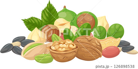 Offering a vibrant assortment of nuts and seeds, featuring walnuts, hazelnuts, pistachios, and more, creating a colorful and nutritious mix that supports a balanced diet 126898538