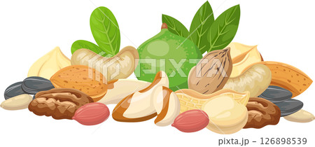 Pecans, Brazil nuts, peanuts, cashews, almonds, macadamia nuts and sunflower seeds are forming a colorful composition with some green leaves on a white background 126898539