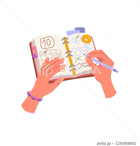 Vector calendar with plan or handwritten list. Cartoon symbol for schedule or timetable, checklist or todo record. Reminder or logbook, notes or planner. Writing, planning, preparation timeline page. 126898602