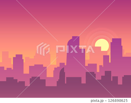 Purple and orange gradient sunset over a modern city skyline with skyscrapers and office buildings creating a vibrant and colorful urban landscape Purple and orange gradient sunset over a modern city skyline with skyscrapers and office buildings creating a vibrant and colorful urban landscape 126898625