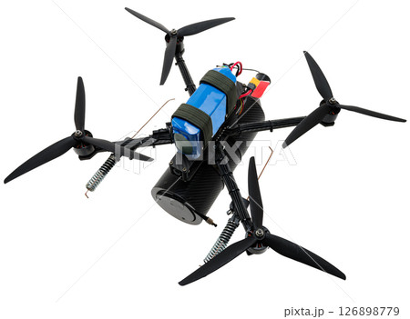 FPV carbon fiber drone. Helicopter on white background. Aircraft with camera and battery. Flying drone with camera. Isolate. FPV carbon fiber drone. Helicopter on white background. Aircraft with camera and battery. Flying drone with camera. Isolate. 126898779