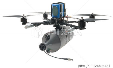 FPV drone with propellers and camera. Drone in the air on a white background. Isolate fpy drone. Drone front view. FPV drone with propellers and camera. Drone in the air on a white background. Isolate fpy drone. Drone front view. 126898781