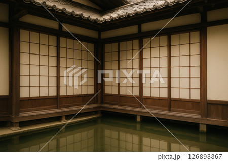 Japanese Courtyard House with Water Reflection 126898867