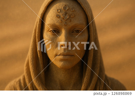 Frontal close-up of a desert-dwelling mystical entity with textured sand-toned skin 126898869