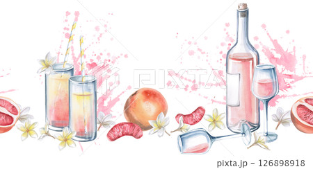 Seamless border with wine bottle, glass, splashes and grapefruit. Isolated watercolor illustration on the theme of a beach party for the design of textiles, restaurants, printing on clothes 126898918