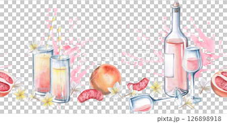 Seamless border with wine bottle, glass, splashes and grapefruit. Isolated watercolor illustration on the theme of a beach party for the design of textiles, restaurants, printing on clothes 126898918