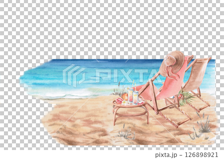 Seascape with sun loungers, table on the shore. Isolated watercolor illustration on the theme of summer holidays for the design of invitations, menus, posters. Seascape with sun loungers, table on the shore. Isolated watercolor illustration on the theme of summer holidays for the design of invitations, menus, posters. 126898921