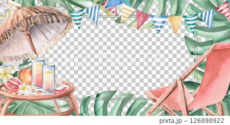 Rectangular frame with beach chair and umbrella, festive flags and table with treats. Isolated watercolor illustration on party theme for invitations, menus, posters. Rectangular frame with beach chair and umbrella, festive flags and table with treats. Isolated watercolor illustration on party theme for invitations, menus, posters. 126898922