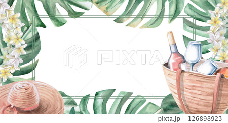 Rectangular frame with beach hat and bag filled with wine and glasses. Isolated watercolor illustration on the theme of a beach party for decorating invitations, menus, posters. Rectangular frame with beach hat and bag filled with wine and glasses. Isolated watercolor illustration on the theme of a beach party for decorating invitations, menus, posters. 126898923