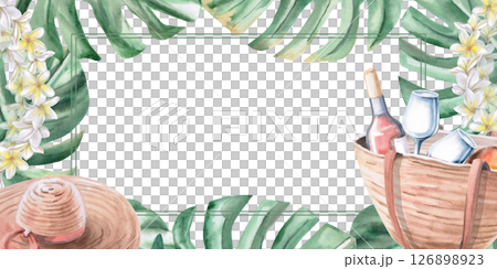 Rectangular frame with beach hat and bag filled with wine and glasses. Isolated watercolor illustration on the theme of a beach party for decorating invitations, menus, posters. 126898923