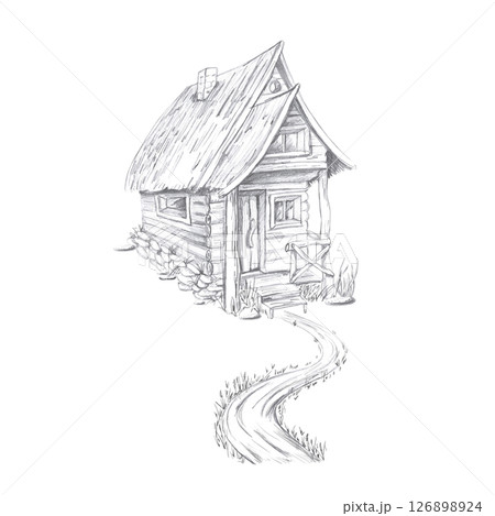 Wooden old house and winding path. Isolated pencil illustration on the theme of a magical forest for the design of postcards, coloring books, printing on posters, textiles Wooden old house and winding path. Isolated pencil illustration on the theme of a magical forest for the design of postcards, coloring books, printing on posters, textiles 126898924