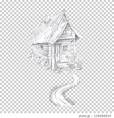 Wooden old house and winding path. Isolated pencil illustration on the theme of a magical forest for the design of postcards, coloring books, printing on posters, textiles Wooden old house and winding path. Isolated pencil illustration on the theme of a magical forest for the design of postcards, coloring books, printing on posters, textiles 126898924
