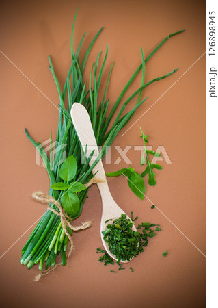 Top view of dried herbs and fresh green onions on brown background 126898945