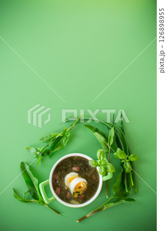Traditional Ukrainian sorrel borscht with egg on green background Traditional Ukrainian sorrel borscht with egg on green background 126898955