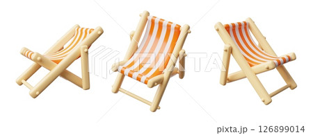Wooden deck chair with striped fabric 3D vector icons set, cartoon beach chaise longue for summer relaxing sunbathing Wooden deck chair with striped fabric 3D vector icons set, cartoon beach chaise longue for summer relaxing sunbathing 126899014