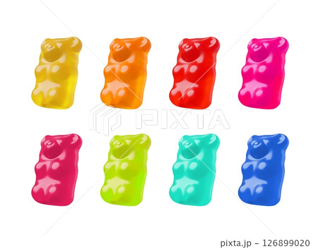 Chewy jelly gummy bears different colors 3D vector set, sweet candy dessert, realistic animal marmalade confectionery 126899020