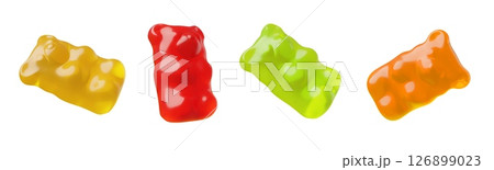Chewy gummy bear 3D cartoon vector icons set, sweet colorful dessert, fruit flavor assorted of delicious snack, candy Chewy gummy bear 3D cartoon vector icons set, sweet colorful dessert, fruit flavor assorted of delicious snack, candy 126899023