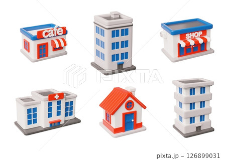 Buildings 3D vector icons set, cartoon isometric house, hotel or office apartment, cafe, hospital, shop, real estate 126899031