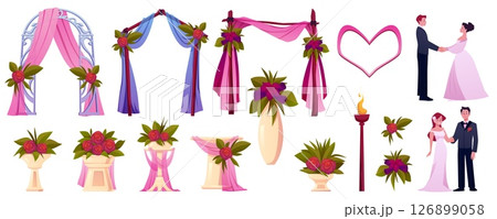 Wedding venue decorations vector set, bride and groom, blooming floral arch altar with curtains, flowers, torch, hearth Wedding venue decorations vector set, bride and groom, blooming floral arch altar with curtains, flowers, torch, hearth 126899058