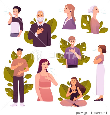 People different ages making calm breathing exercise on floral backdrop, holding chest and stomach vector illustration 126899061