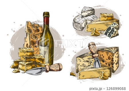 Vector set of watercolor illustrations with different types of cheese, knife and bottle of wine. 126899088