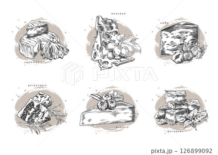 Vector sketch set of cheeses with fruits, berries, nuts and leaves. Vector sketch set of cheeses with fruits, berries, nuts and leaves. 126899092