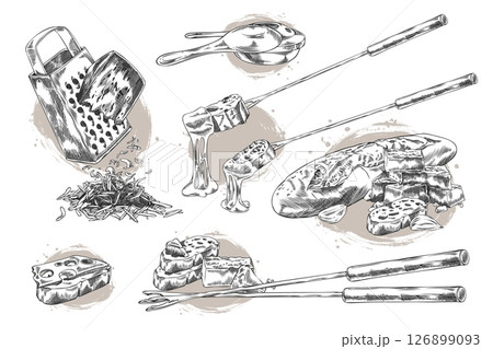 Cheese fondue ink sketch vector set, fondue ingredients, cooking equipment and skewers, cheese pieces, garlic with bread 126899093