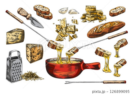 Cheese fondue sketch vector set, melted cheese with bread on skewer and bowl, hand drawn national dish with garlic 126899095