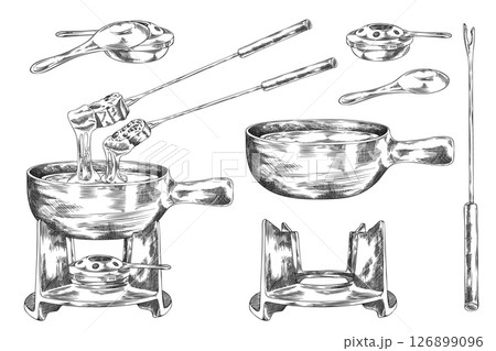 Cheese fondue engraved sketch vector set, melted cheese with bread slice on skewer, fondue bowl and cooking utensil 126899096