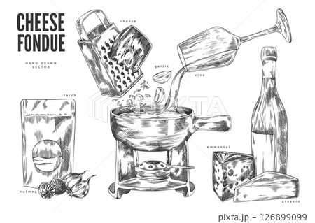 Cheese fondue sketch vector set, engraved hand drawn grated cheese, garlic, wine, starch and nutmeg, fondue bowl heating 126899099