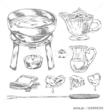 Monochrome sketch of a set with a fondue pot, fork, chocolate, milk jug, and fruit pieces. 126899102