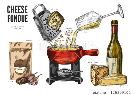 Cheese fondue sketch vector set, hand drawn grated Edam cheese, garlic, wine, starch and nutmeg, fondue bowl heating 126899106