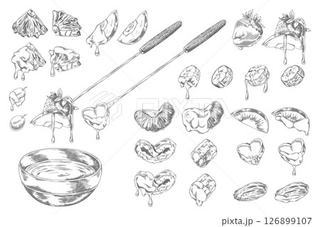 Fondue collection hand drawn engraved vector set, berries and fruit pieces with melted chocolate, fondue bowl and skewer 126899107