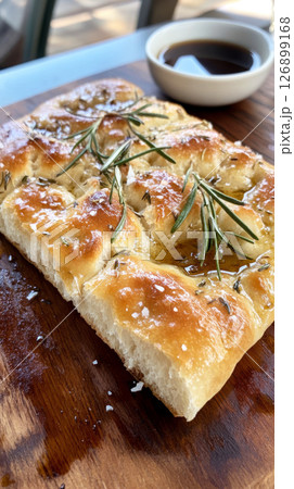 Freshly baked focaccia features a golden crust and is adorned with aromatic rosemary and flaky sea salt. It is paired with balsamic vinegar for dipping, perfect for sharing 126899168