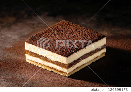 Creamy tiramisu showcases its rich layers of coffee-soaked biscuits and mascarpone cream, topped with cocoa powder, perfect for indulging after a meal at an Italian restaurant 126899178