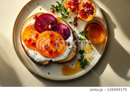 Delight in a unique breakfast toast featuring poached eggs, pomegranate seeds, and herbs set on a rustic plate, perfect for a morning treat at home 126899179