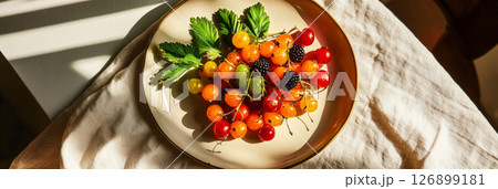 An assortment of colorful cherries and blackberries is arranged on a rustic plate, illuminated by warm sunlight filtering through a nearby window 126899181