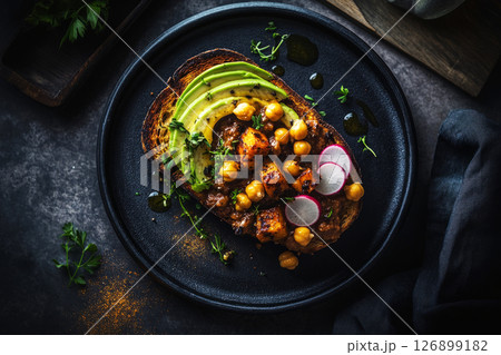 Colorful breakfast toasts layered with fresh avocado, seasoned chickpeas, and garnished with herbs rest on a dark plate, creating a vibrant display for a morning meal 126899182