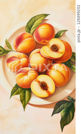 A collection of ripe peaches, some whole and others sliced, are artistically arranged on a plate surrounded by vibrant green leaves in a cozy kitchen atmosphere 126899202