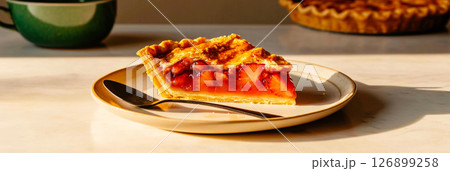 A slice of freshly baked fruit pie rests on a decorative plate, complemented by a spoon, with a whole pie and a coffee cup visible in a bright kitchen, banner 126899258
